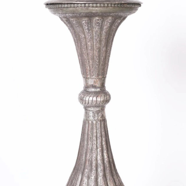 Pair of Tall Silver on Copper Antique Engraved Anglo Indian Lidded Urns For Sale - Image 4 of 10
