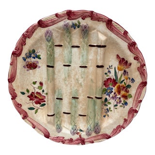 19th Century Longchamp Majolica Asparagus Plate With Flowers For Sale
