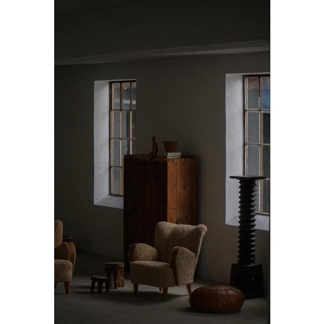 Danish Modern Art Deco Lounge Chairs in Shearling Lambswool & Elm, 1940s, Set of 2 For Sale - Image 3 of 18