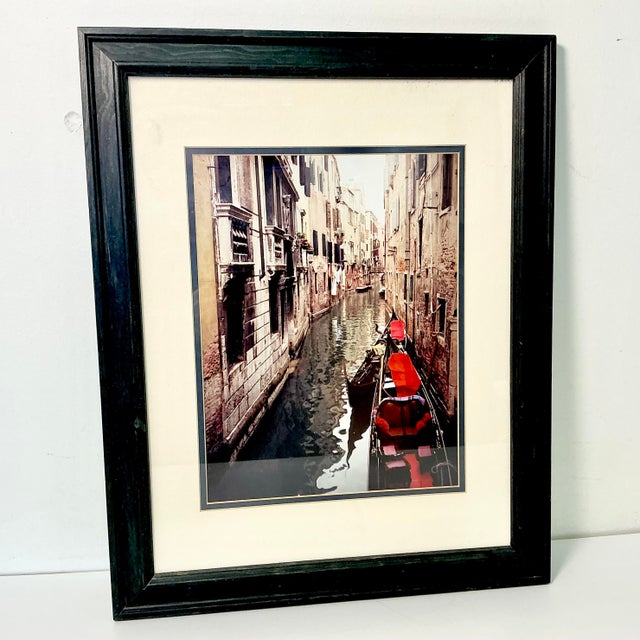 1980s 1980s Vintage Italian Boho Chic Cityscape Canal With Red Gondola at Dock Framed Photography For Sale - Image 5 of 18