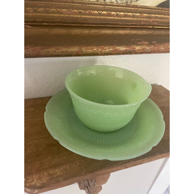 Vintage 1940’s Jadeite Pair “Alice” Floral Green Milk Glass Teacups With Plates! - 4pcs For Sale - Image 11 of 11