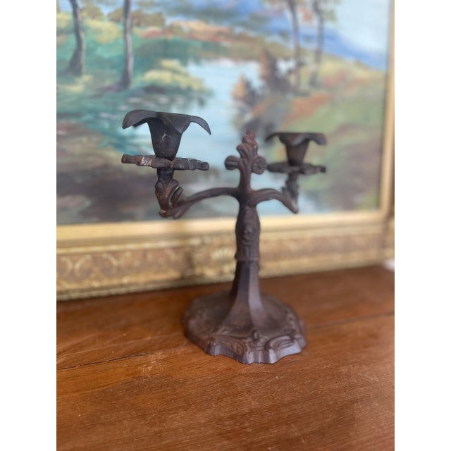 An intricately cast possibly 19th-century double-arm candelabrum in solid iron, featuring a richly detailed Rococo-...