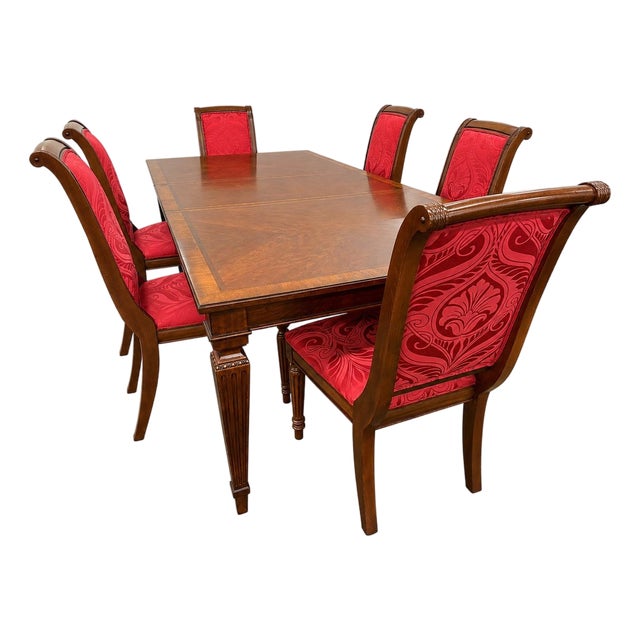 Ethan Allen Dining Table Set With 6 Red Damask Upholstered Chairs 7 Pc For Sale