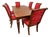 Ethan Allen Dining Table Set With 6 Red Damask Upholstered Chairs 7 Pc For Sale