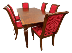 Ethan Allen Dining Table Set With 6 Red Damask Upholstered Chairs 7 Pc