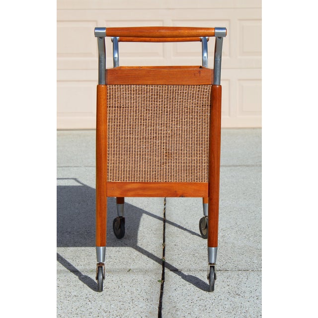 Mid-Century Modern Teak Rolling Bar Cart / Serving Trolley With Chrome Handles For Sale In Naples, FL - Image 6 of 12