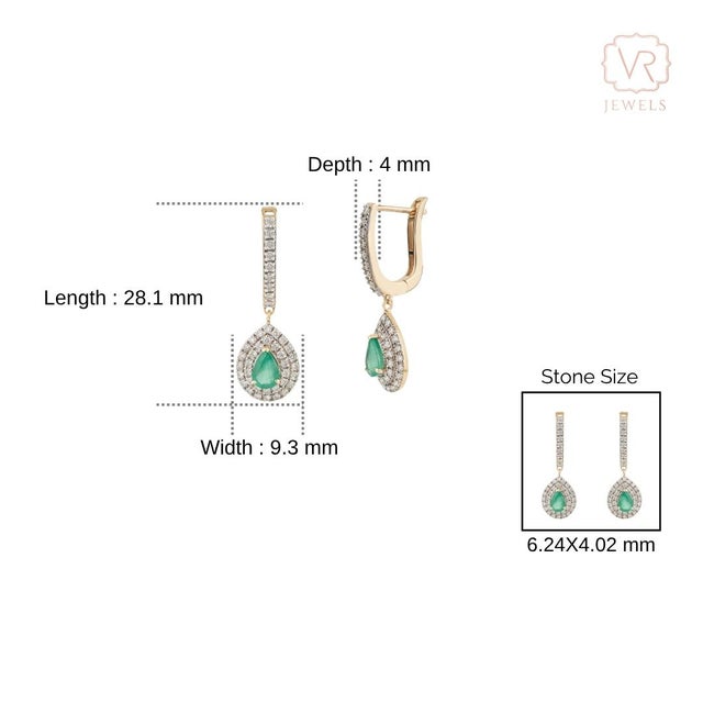 Luxury Emerald & Diamond Double Halo Latchback Earrings in 14k Yellow Gold- 2 Pieces For Sale - Image 9 of 12