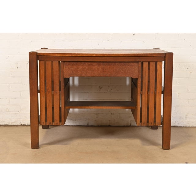 Stickley Brothers Style Antique Mission Oak Arts & Crafts Desk With Built-in Bookcases, Circa 1900 For Sale - Image 9 of 10
