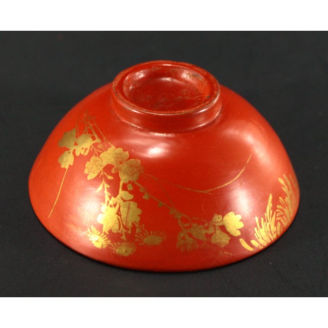 Red Set of 4 Japanese Red Lacquer & Ceramic Sake Cups, Meiji/Taisho Ea. 1900's For Sale - Image 8 of 12