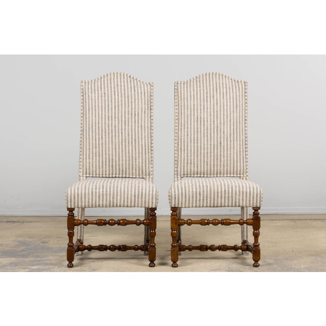 Linen Antique French Louis XIII Walnut Dining Chairs in Tailored Stripe - Set of 8 For Sale - Image 8 of 18