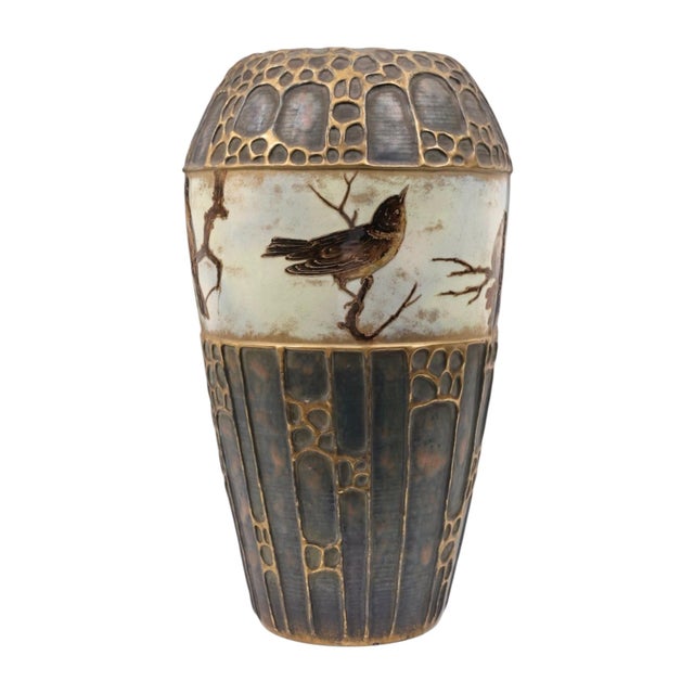 Very large (18 inch tall) antique Amphora vase dating from the 1890s with band depicting a family of thrush birds perched...