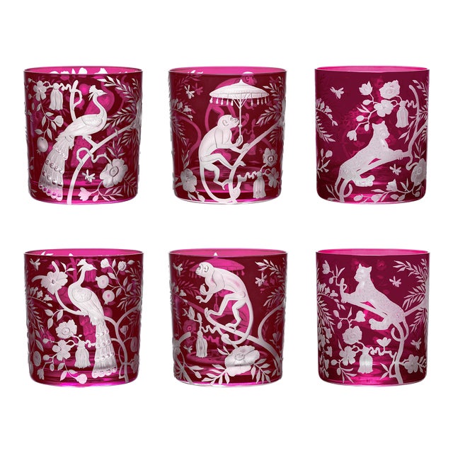 ARTEL Chinoiserie Collection Double Old Fashioned Glasses in Fuchsia, Set of 6 For Sale