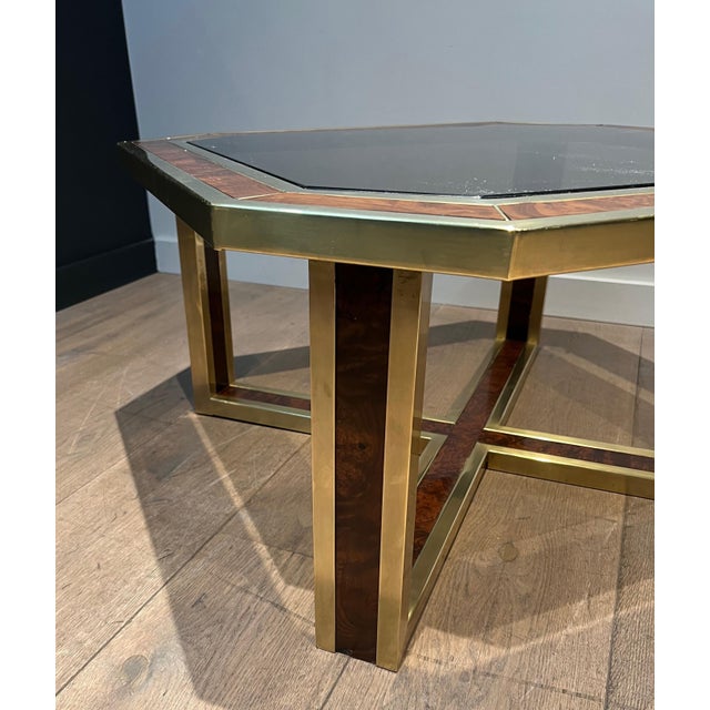 Gold Octagonal walnut and brass coffee table. French work. Circa 1970 For Sale - Image 8 of 12