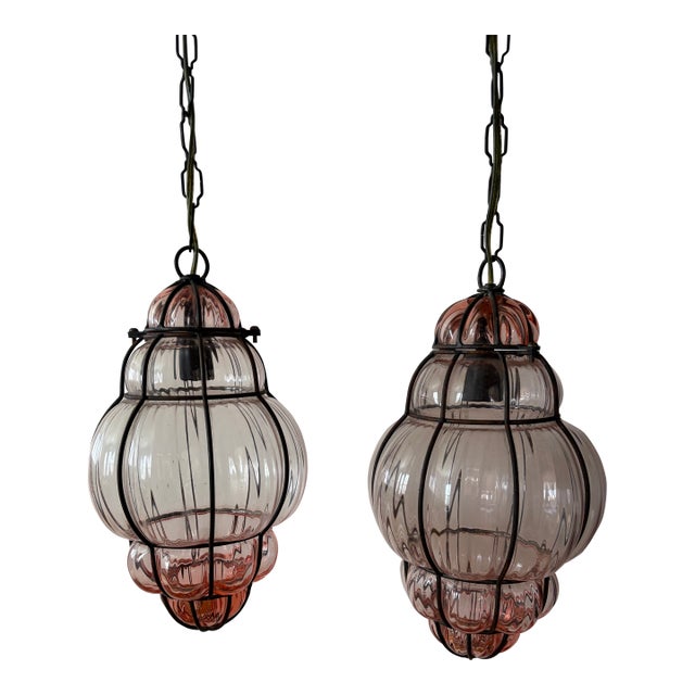 1950s Mid-Century ModernSeguso Murano Pink Blown Lantern Chandelier Sharon Osbourne - a Pair For Sale