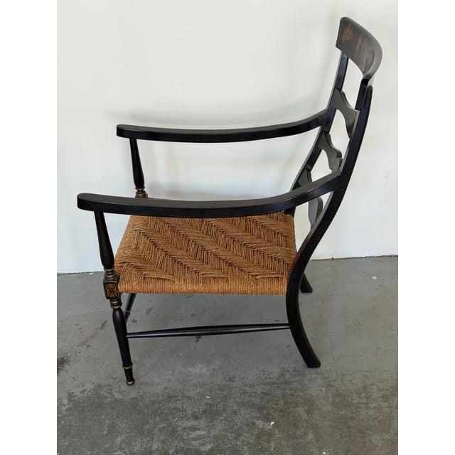 English Regency Style Crackle Finish Chinoiserie & Classical Stenciled Rush Seat Armchair For Sale - Image 4 of 12