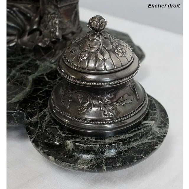 Double Inkwell in Silver-Plated Bronze & Sea Green Marble, 1900s For Sale - Image 12 of 18