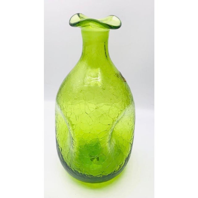 Mid-Century Modern Vintage Mid-Century Modern Blenko #49 Lime Crackle Glass Pinched Decanter – Winslow Anderson – Silver Foil Label & Stopper For Sale - Image 3 of 10
