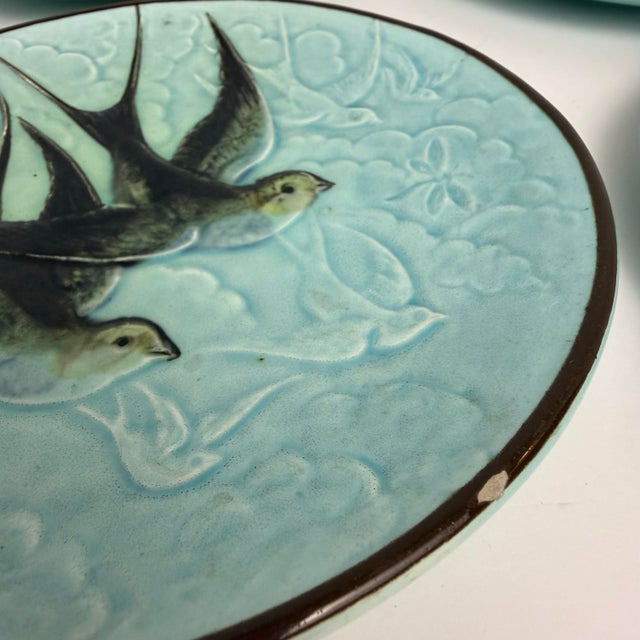 Set of 4 Antique Majolica Swallow Plates For Sale - Image 9 of 10