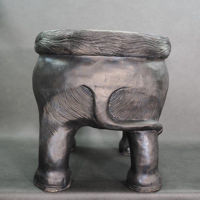 1970s Carved Solid Wood Black Indian Elephant Footstool With Cushion For Sale - Image 4 of 12