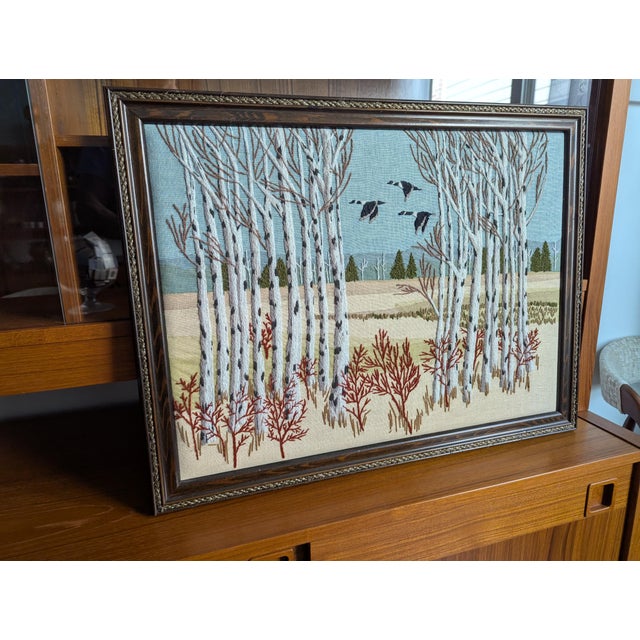 1970s Vintage Erica Wilson Crewel Embroidery Textile Art Framed "Birch Trees & Geese For Sale - Image 9 of 11