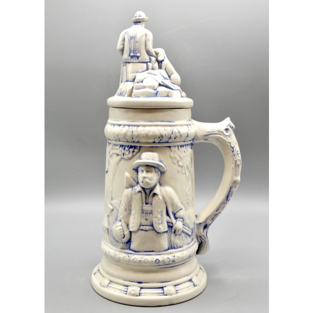 Statement Size German Lidded Stein W/ Hunting Motif Man Dog Stag For Sale - Image 6 of 12