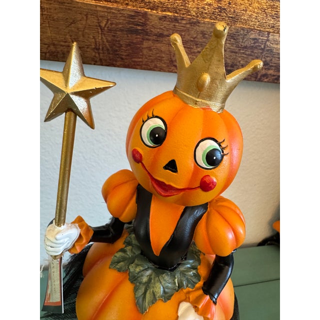 Plastic Whimsical Halloween Girl, Pumpkin Head Sculpture, With a Crown and Wand With Star Cheerful For Sale - Image 7 of 8