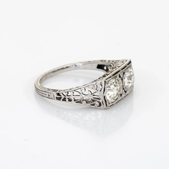 Art Deco Vintage Art Deco Ring 1.25ct Double Diamond 18k White Gold Filigree Sz 6 Jewellery For Sale - Image 3 of 7