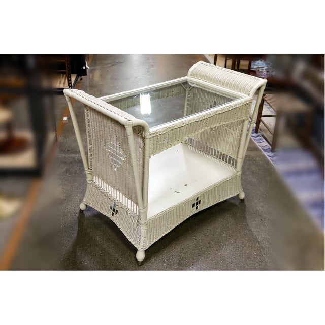 Wood Off White Wicker Console Table With Glass Top For Sale - Image 7 of 9