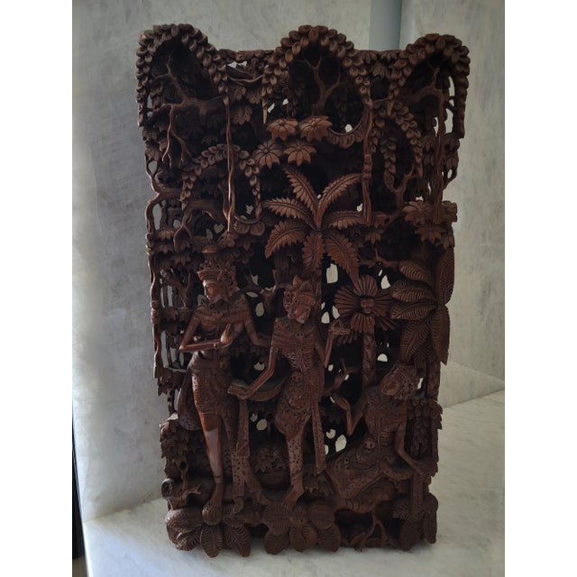 1980s Vintage Indonesian Balinese Hand Carved Wooden Wall Panel For Sale - Image 5 of 11