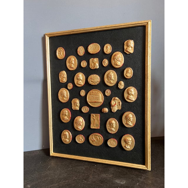 #157 Grand Tour Revival Gilded Intaglio Arrangement on the Leather Board and in Gilt Frame For Sale - Image 10 of 12