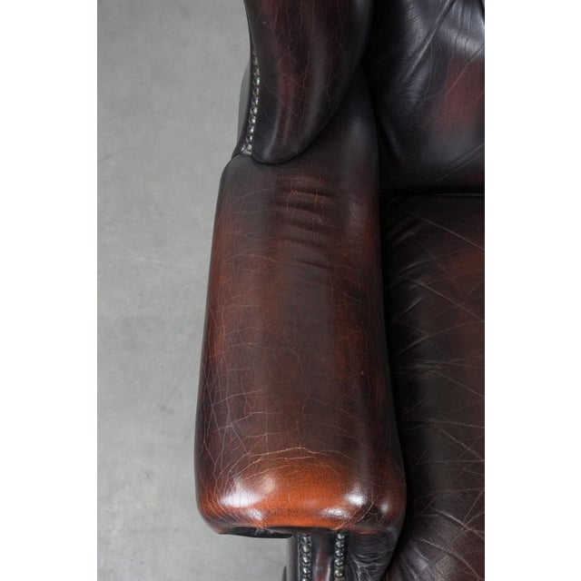 Animal Skin Chesterfield Wing Chair in Brown Cowhide Leather For Sale - Image 7 of 14