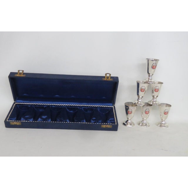 Chrome Boxed Set of 6 Newfoundland Crest Small Goblets Shot Cordial Metal Cups 4960b For Sale - Image 8 of 10