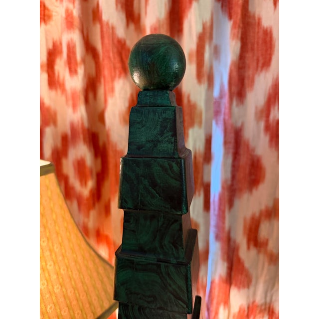 Wood Obelisks Pair With Orb Finial Painted in Faux Malachite. A Pair Neoclassical For Sale - Image 7 of 9