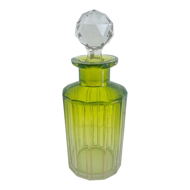 Antique Perfume Glass Bottle With Stopper Green Gold Ombre Vintage Cut Polished For Sale