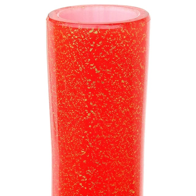 Murano Vintage Murano Fratelli Toso Red Orange Gold Flecks Italian Art Glass Squared Bottle Flower Vase For Sale - Image 4 of 9