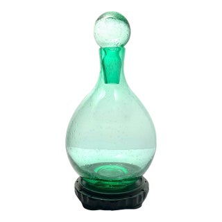 Contemporary Hand Blown Glass Bubbles Mint Forest Green Decanter & Stand For Sale