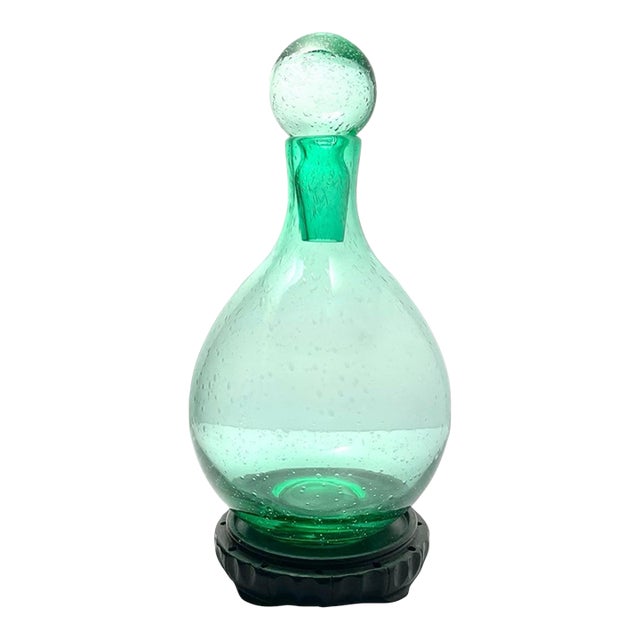 Contemporary Hand Blown Glass Bubbles Mint Forest Green Decanter & Stand For Sale