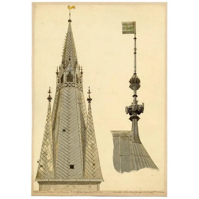 An original 1875 watercolour painting, Philip J. Marvin, Gothic Spire of Notre-Dame-en-Vaux, Châlons-en-Champagne.A...