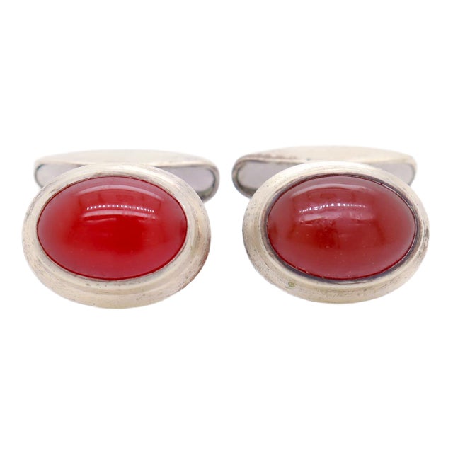 Mid-Century Scandinavian Modern 830 Silver & Carnelian Cabochon Cufflinks For Sale