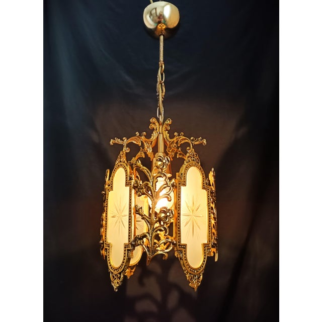 Brass Vintage Brass Chandelier Pendant Light French Style Floral Glass Ceiling Fixture For Sale - Image 8 of 12