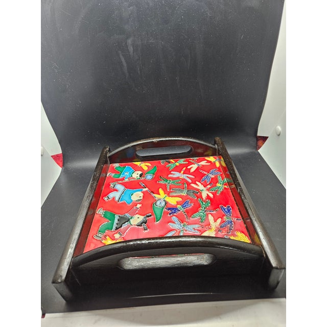 Folk Art Vintage Chinese Folk Art Tile Panel on Wood Tray For Sale - Image 3 of 4