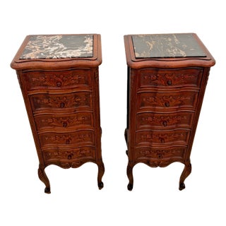 Antique Pair of French Nightstands Bedside Tables Five Hand Carved Drawers For Sale