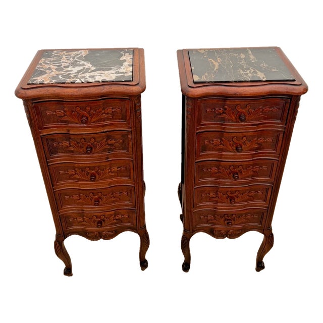 Antique Pair of French Nightstands Bedside Tables Five Hand Carved Drawers For Sale