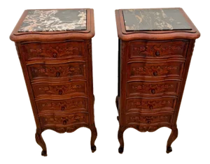Antique Pair of French Nightstands Bedside Tables Five Hand Carved Drawers