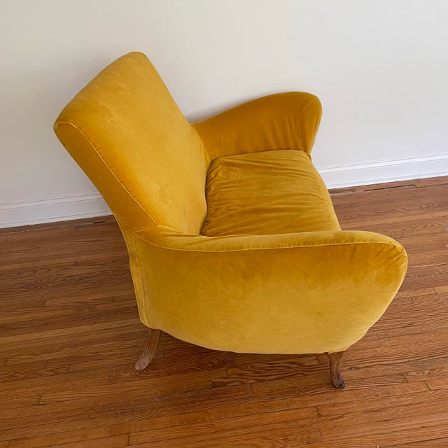 Vintage Mid Century Modern Yellow Velvet Loveseat Chair For Sale - Image 4 of 9