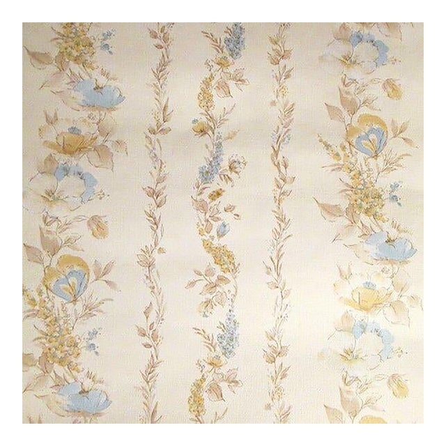 Vintage 1980s Blue and Beige Floral Stripe Wallpaper For Sale
