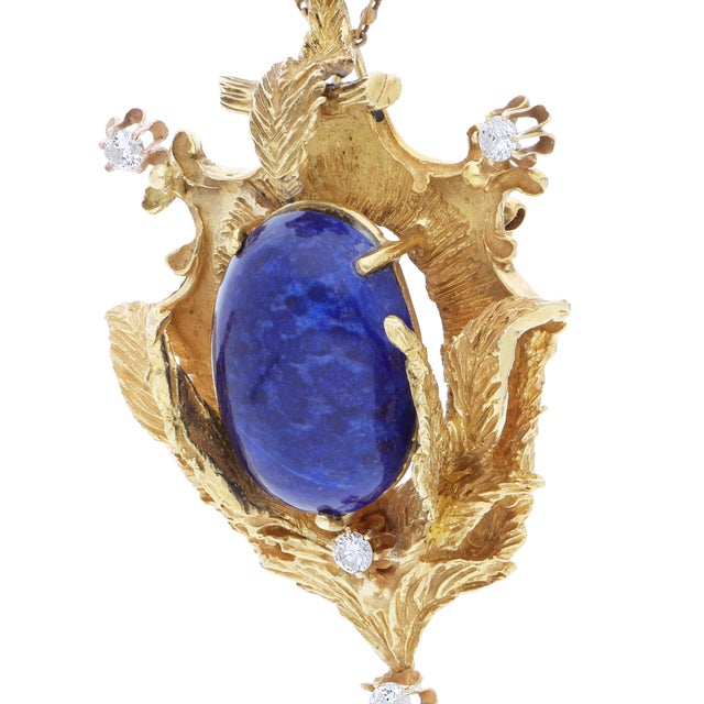 1940s Art Deco Lapis Lazuli and Diamond 18k Yellow Gold Brooch Pendant For Sale In Miami - Image 6 of 9