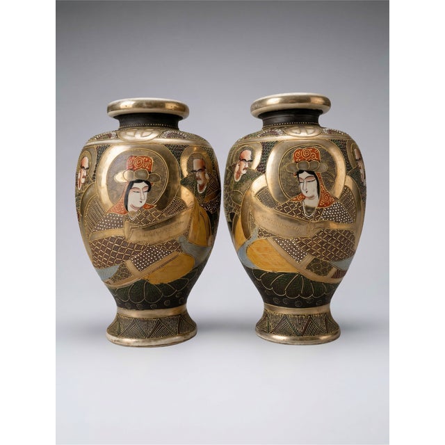 Japanese Satsuma Polychrome Vases with Gilt Decoration and Figures, 1890s, Set of 2 For Sale - Image 3 of 13