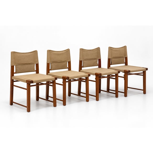 Italian Wooden Dining Chairs with Canvas Upholstery, 1970s, Set of 4 For Sale - Image 10 of 10