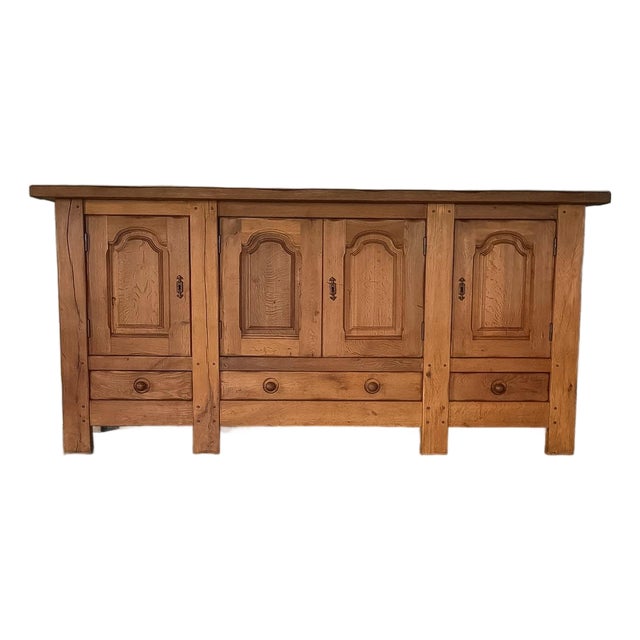 Mid 1900s Rustic French Light Oak Paneled Sideboard For Sale